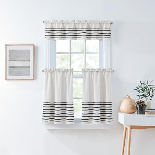 Curtainworks Boho Kitchen Curtains Tier and Valance Set 3Piece Light Filtering Global Woven Striped 28W x 36L Tier Pair 56W x 14L Valance White Black Stripe - Image 1
