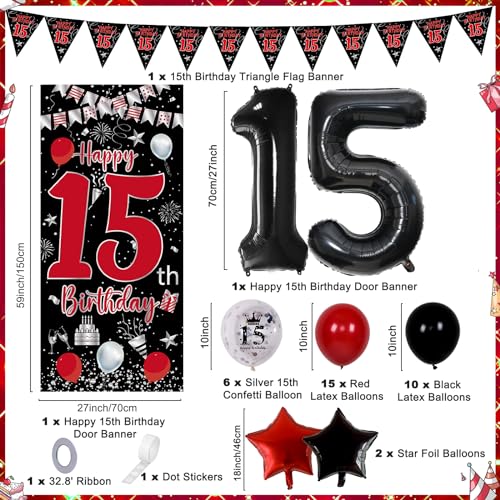 Pounira Red Black 15th Birthday Decorations for Boys Girls Happy 15th Birthday Decorations Boy 15 Birthday Party Door Banner Decor Triangle Flag Large 15 Balloons Bday Decor for 15 Year Old Teenagers - Image 5
