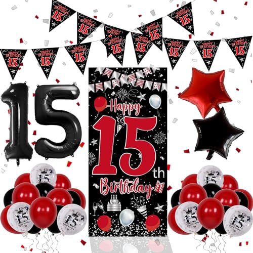 Pounira Red Black 15th Birthday Decorations for Boys Girls Happy 15th Birthday Decorations Boy 15 Birthday Party Door Banner Decor Triangle Flag Large 15 Balloons Bday Decor for 15 Year Old Teenagers - Image 1