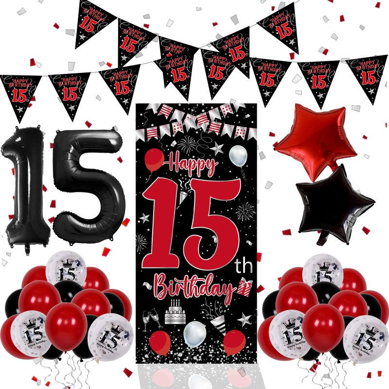Pounira Red Black 15th Birthday Decorations for Boys Girls Happy 15th Birthday Decorations Boy 15 Birthday Party Door Banner Decor Triangle Flag Large 15 Balloons Bday Decor for 15 Year Old Teenagers - Image 3