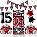 Pounira Red Black 15th Birthday Decorations for Boys Girls Happy 15th Birthday Decorations Boy 15 Birthday Party Door Banner Decor Triangle Flag Large 15 Balloons Bday Decor for 15 Year Old Teenagers - Image 2