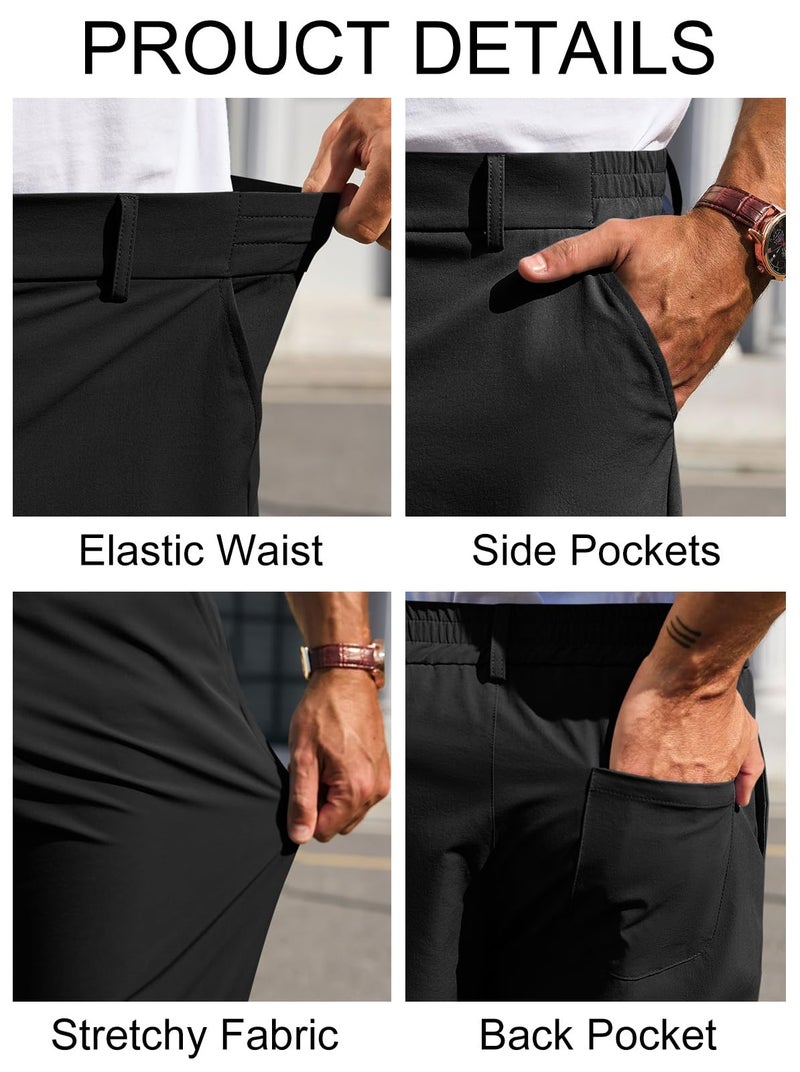 Runcati Mens Stretch Golf Pants Casual Slim Fit Dress Pants Elastic Waist Tapered Work Cropped Trousers Black - Image 5
