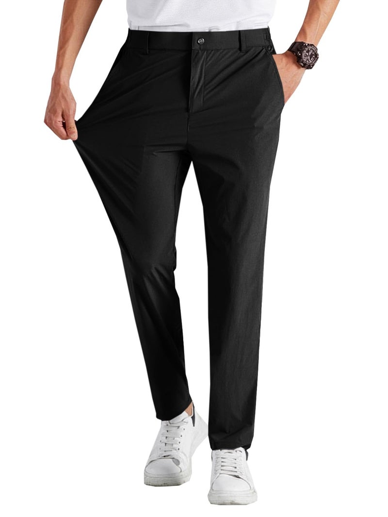 Runcati Mens Stretch Golf Pants Casual Slim Fit Dress Pants Elastic Waist Tapered Work Cropped Trousers Black - Image 1