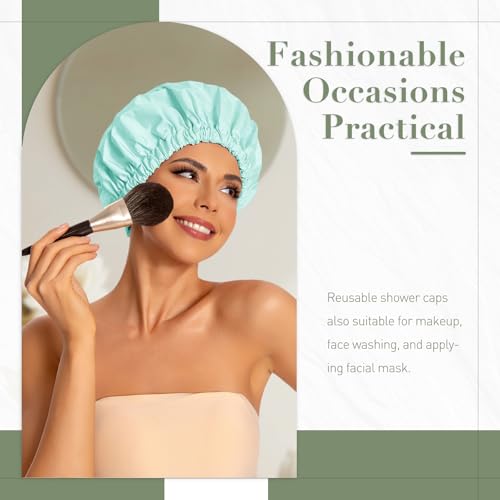 Edoneery Reusable Shower Cap for Women, Large Waterproof Shower Essentials Bonnet Washable Elastic Band Bath Hair Wrap Hat for Long Hair, Braids(Mint Green) - Image 2