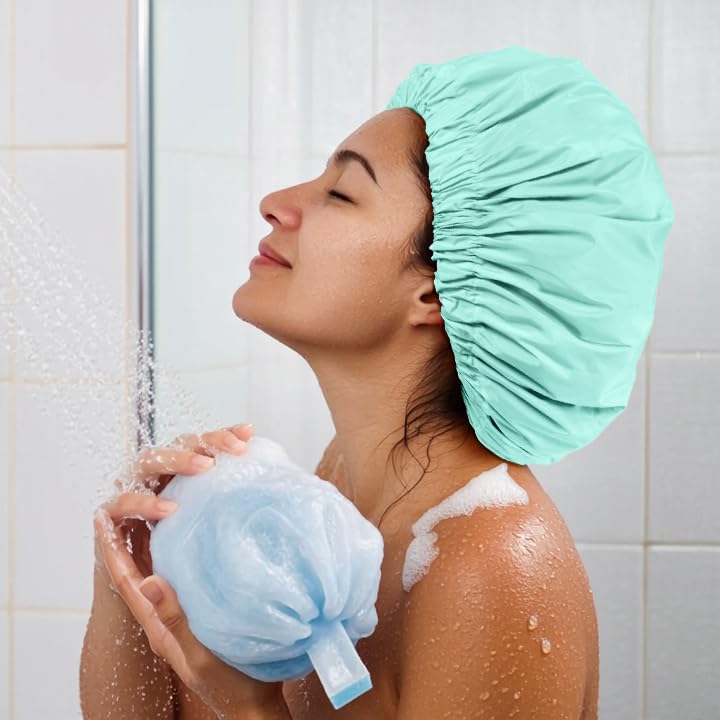 Edoneery Reusable Shower Cap for Women, Large Waterproof Shower Essentials Bonnet Washable Elastic Band Bath Hair Wrap Hat for Long Hair, Braids(Mint Green) - Image 4