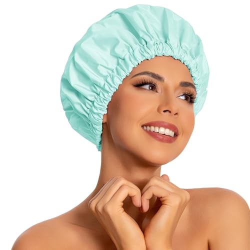 Edoneery Reusable Shower Cap for Women, Large Waterproof Shower Essentials Bonnet Washable Elastic Band Bath Hair Wrap Hat for Long Hair, Braids(Mint Green) - Image 1