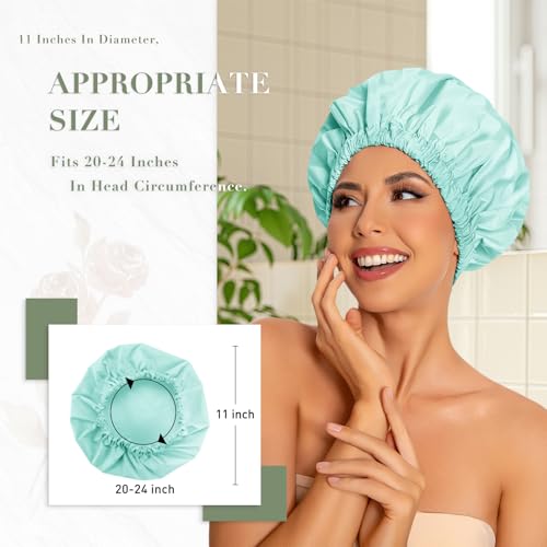 Edoneery Reusable Shower Cap for Women, Large Waterproof Shower Essentials Bonnet Washable Elastic Band Bath Hair Wrap Hat for Long Hair, Braids(Mint Green) - Image 3