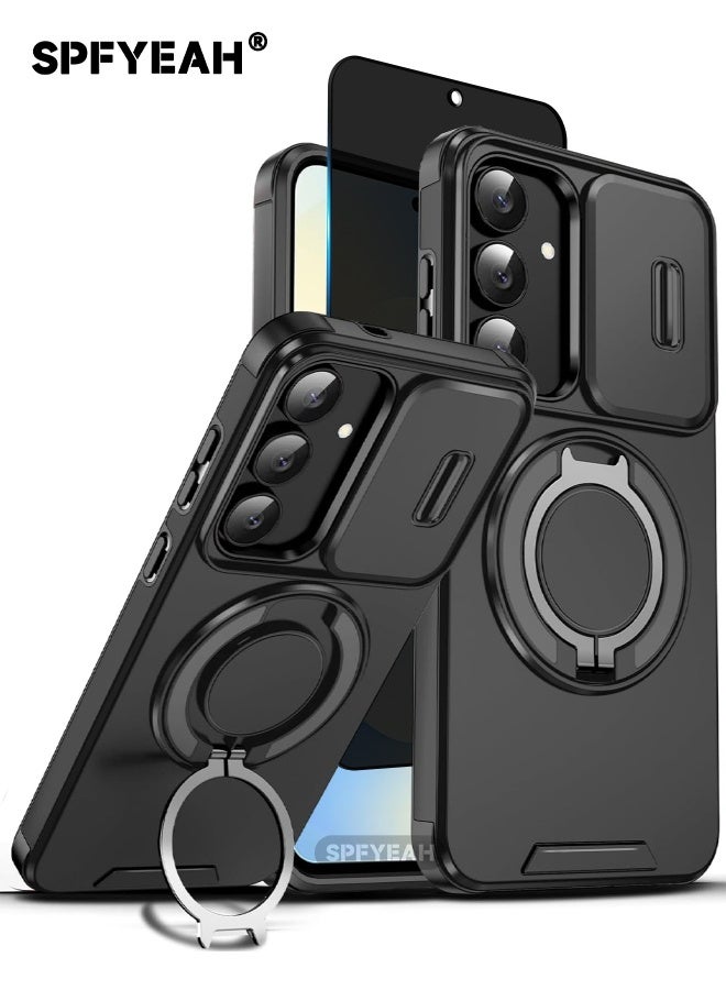 اس بي اف يا. [2 في 1] جراب Samsung Galaxy S25 FE مع واقي شاشة للخصوصية، غطاء كاميرا منزلق، حامل دائري مدمج يدور 360 درجة، غطاء خلفي مقاوم للصدمات شديد التحمل لهاتف Samsung Galaxy S25 FE مقاس 6.7 بوصة (أسود، عبوة من 1+1) - Image 1