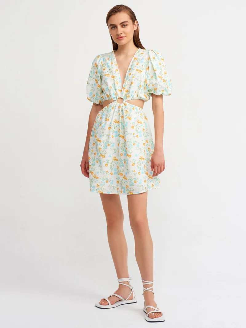 ديلفين 90334 Window Detailed Balloon Sleeve Dress-Ecru