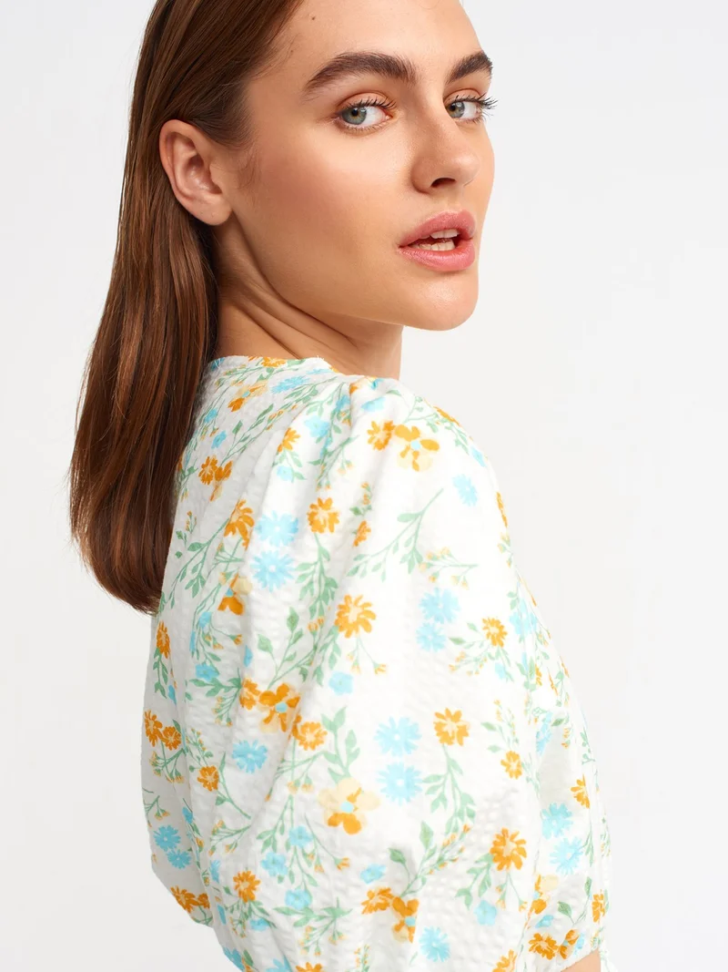 ديلفين 90334 Window Detailed Balloon Sleeve Dress-Ecru