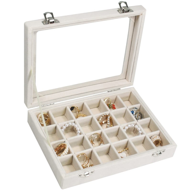 Vicoter Velvet Jewelry Box 24 Grid Jewelry Ring Display Organiser Box Tray Holder Earrings Storage Case for Girls Wife Mom Women (Beige) - Image 1