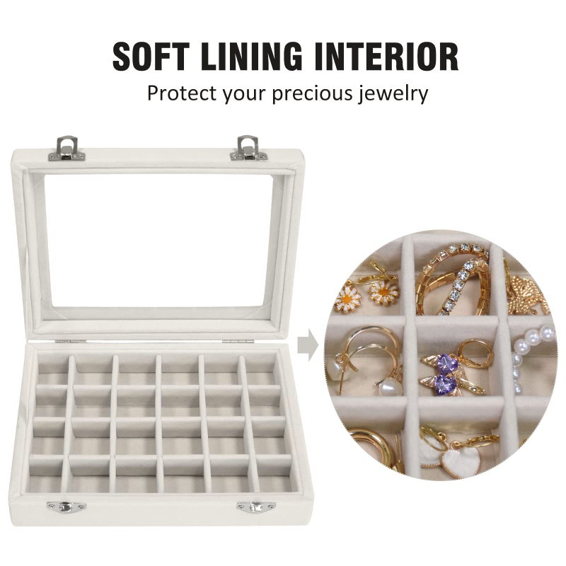 Vicoter Velvet Jewelry Box 24 Grid Jewelry Ring Display Organiser Box Tray Holder Earrings Storage Case for Girls Wife Mom Women (Beige) - Image 3
