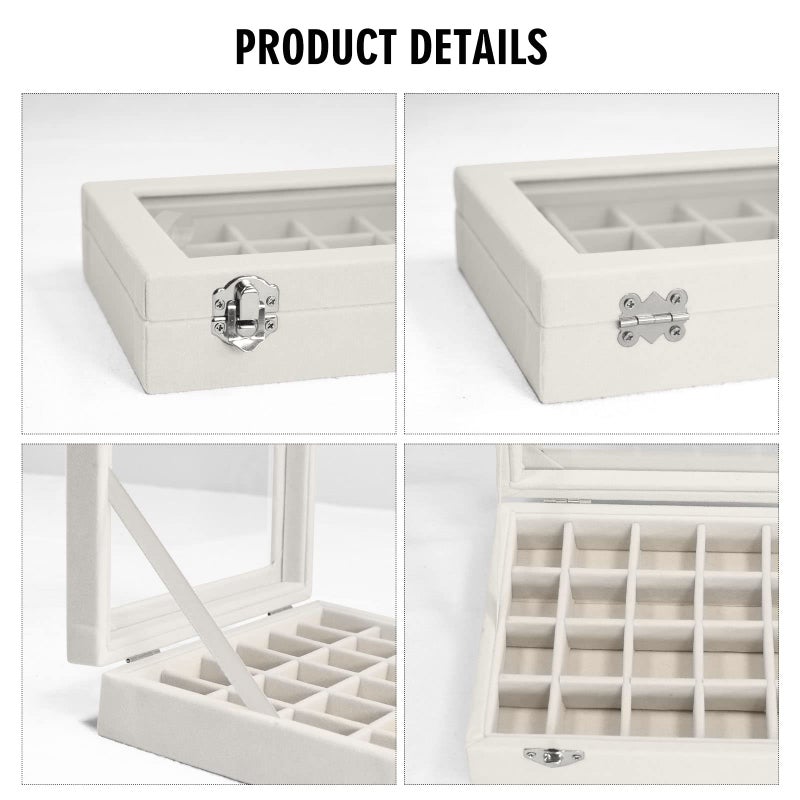 Vicoter Velvet Jewelry Box 24 Grid Jewelry Ring Display Organiser Box Tray Holder Earrings Storage Case for Girls Wife Mom Women (Beige) - Image 4