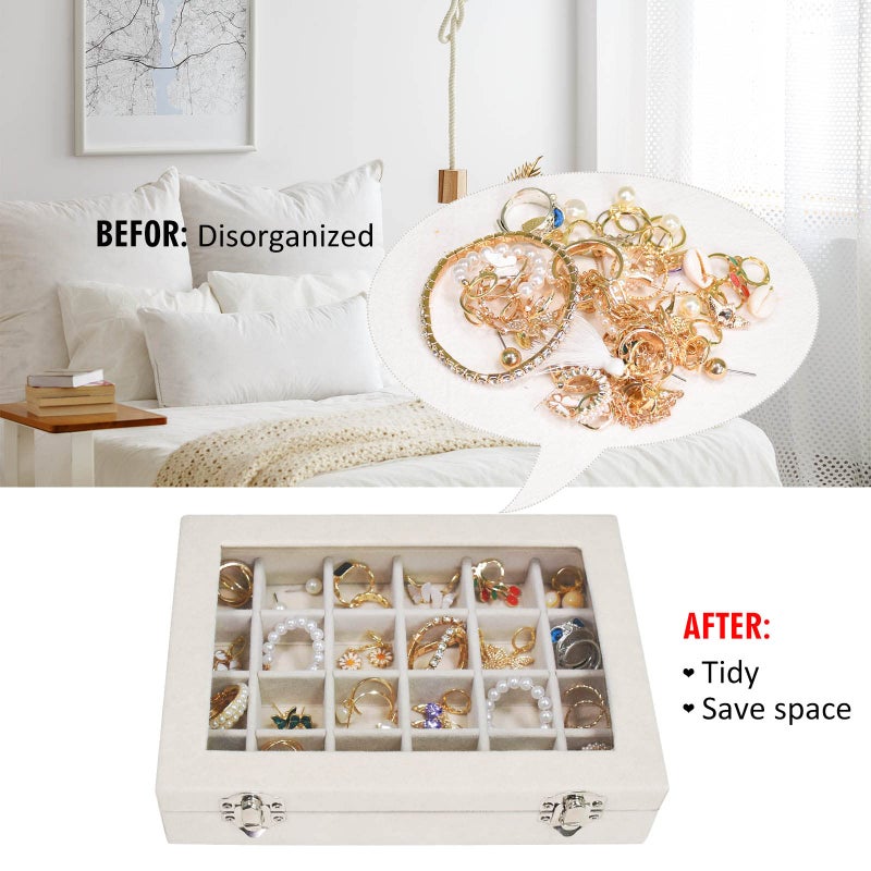 Vicoter Velvet Jewelry Box 24 Grid Jewelry Ring Display Organiser Box Tray Holder Earrings Storage Case for Girls Wife Mom Women (Beige) - Image 5