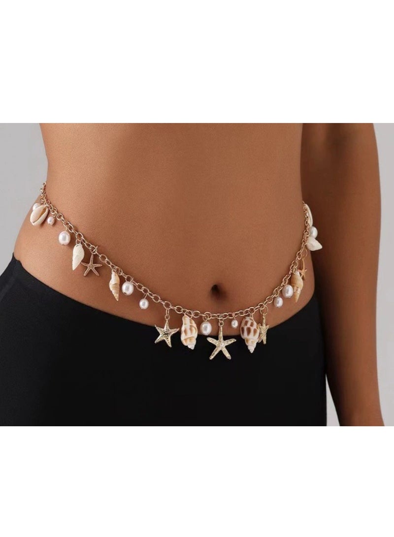 Gold‑Tone Shell & Starfish Waist Chain with Pearl Accents, Perfect for Beach Vacations, Pool Parties, Summer Festivals & Resort Wear  - Image 2