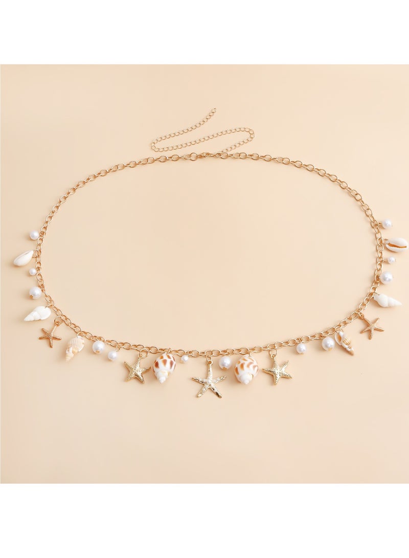 Gold‑Tone Shell & Starfish Waist Chain with Pearl Accents, Perfect for Beach Vacations, Pool Parties, Summer Festivals & Resort Wear  - Image 4