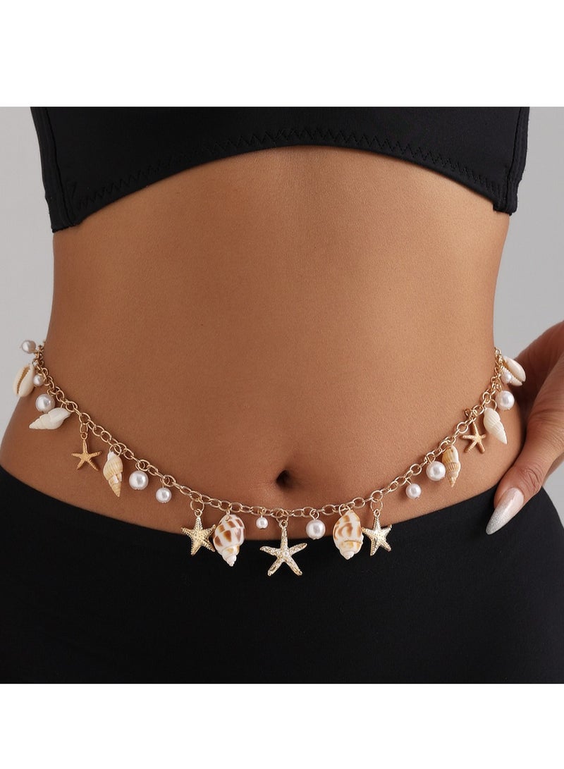 Gold‑Tone Shell & Starfish Waist Chain with Pearl Accents, Perfect for Beach Vacations, Pool Parties, Summer Festivals & Resort Wear  - Image 1