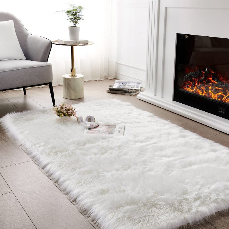 SERISSA Soft Fluffy Area Rug White Faux Sheepskin Fur Rug Shaggy Rug for Bedroom Floor Fuzzy Carpet for Living Room 4x6 Feet