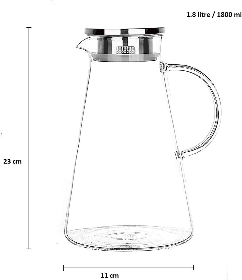 Jinelza 1800 ML Water Juice Jug Pot, Borosilicate Glass, Stainless Steel Air Tight Cap, Transparent, Set of 1 Pcs - Image 1