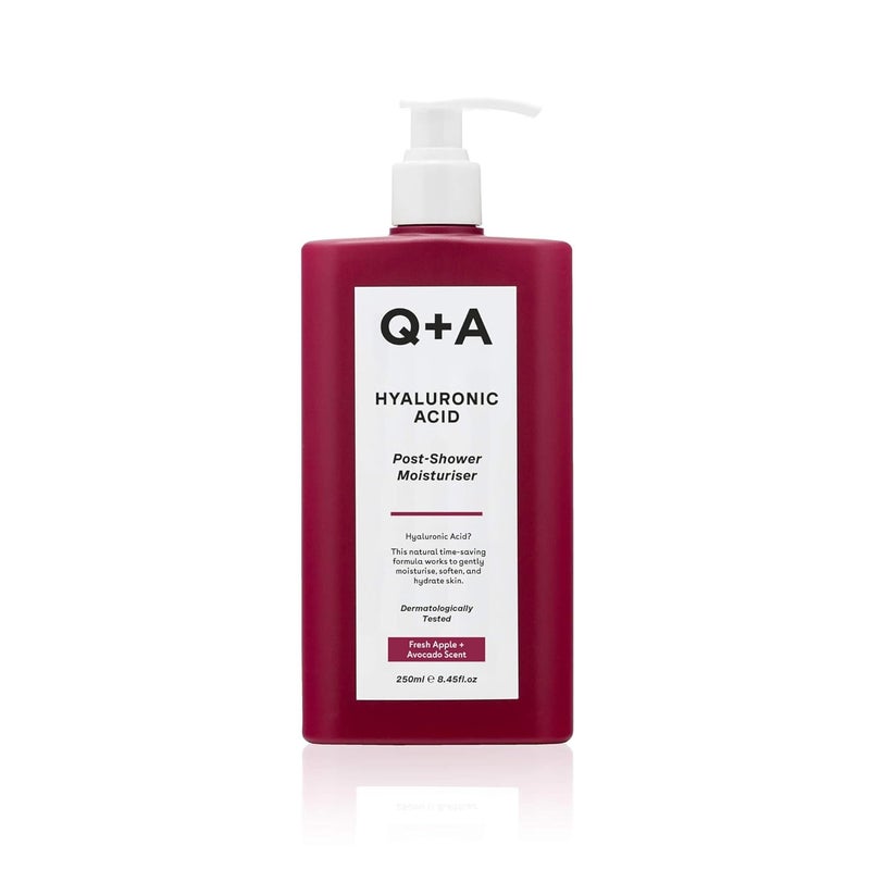 Q+A QA Hyaluronic Acid PostShower Moisturiser blend of nourishing Avocado and Hazelnut Oils plus Hyaluronic Acid and Prebiotics to hydrate and replenish the skin 250ml