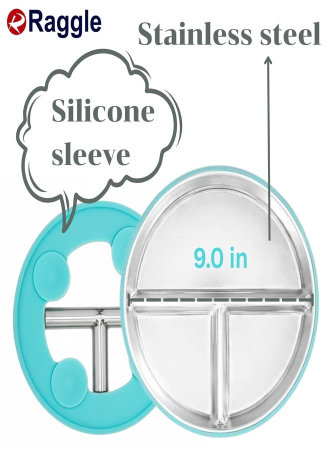 Raggle Stainless Steel Kids Plates Suction Plate for Baby,Divided Toddler Plates with Removable Silicone Sleeves for Mess-Free Feeding, Non-Toxic, Non-Slip, Dishwasher Safe.(Blue, Plate) - Image 2