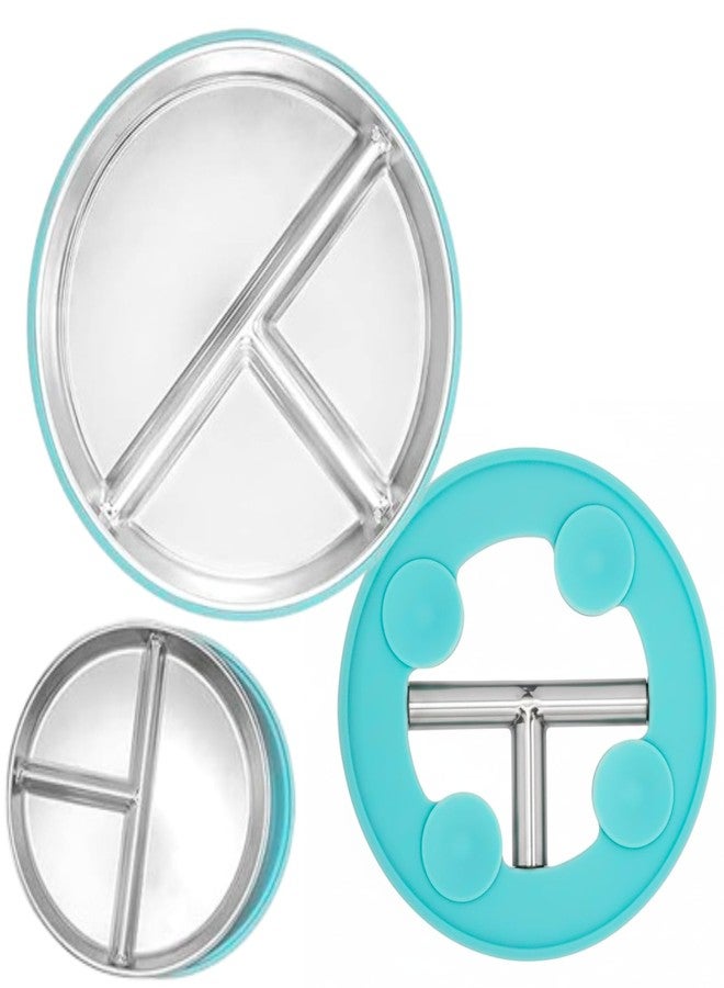 Raggle Stainless Steel Kids Plates Suction Plate for Baby,Divided Toddler Plates with Removable Silicone Sleeves for Mess-Free Feeding, Non-Toxic, Non-Slip, Dishwasher Safe.(Blue, Plate) - Image 1