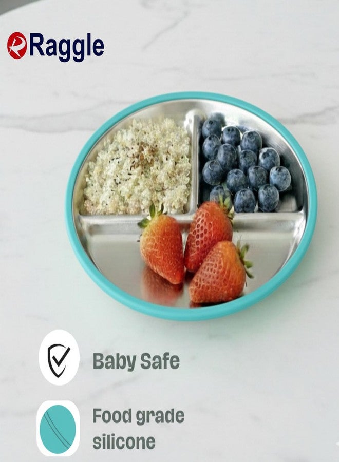 Raggle Stainless Steel Kids Plates Suction Plate for Baby,Divided Toddler Plates with Removable Silicone Sleeves for Mess-Free Feeding, Non-Toxic, Non-Slip, Dishwasher Safe.(Blue, Plate) - Image 4