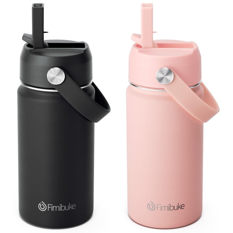 Fimibuke Kids Insulated Water Bottle 14oz BPA FREE Double Wall Vacuum Tumbler 188 Stainless Steel Leak Proof Kids Cups with Straw Metal Water Bottle for School Boys Girls 2 Pack Midnight Rose
