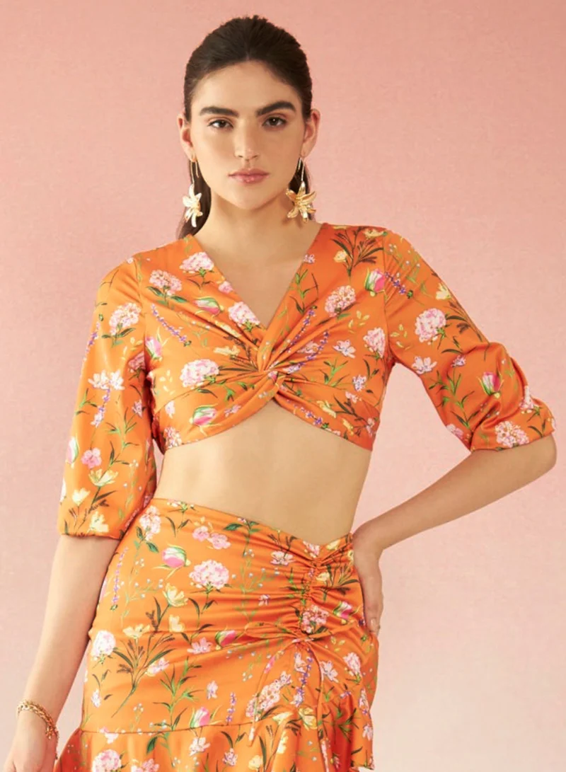 Virgio VIRGIO Satin Floral Knot Detail V-Neck Top