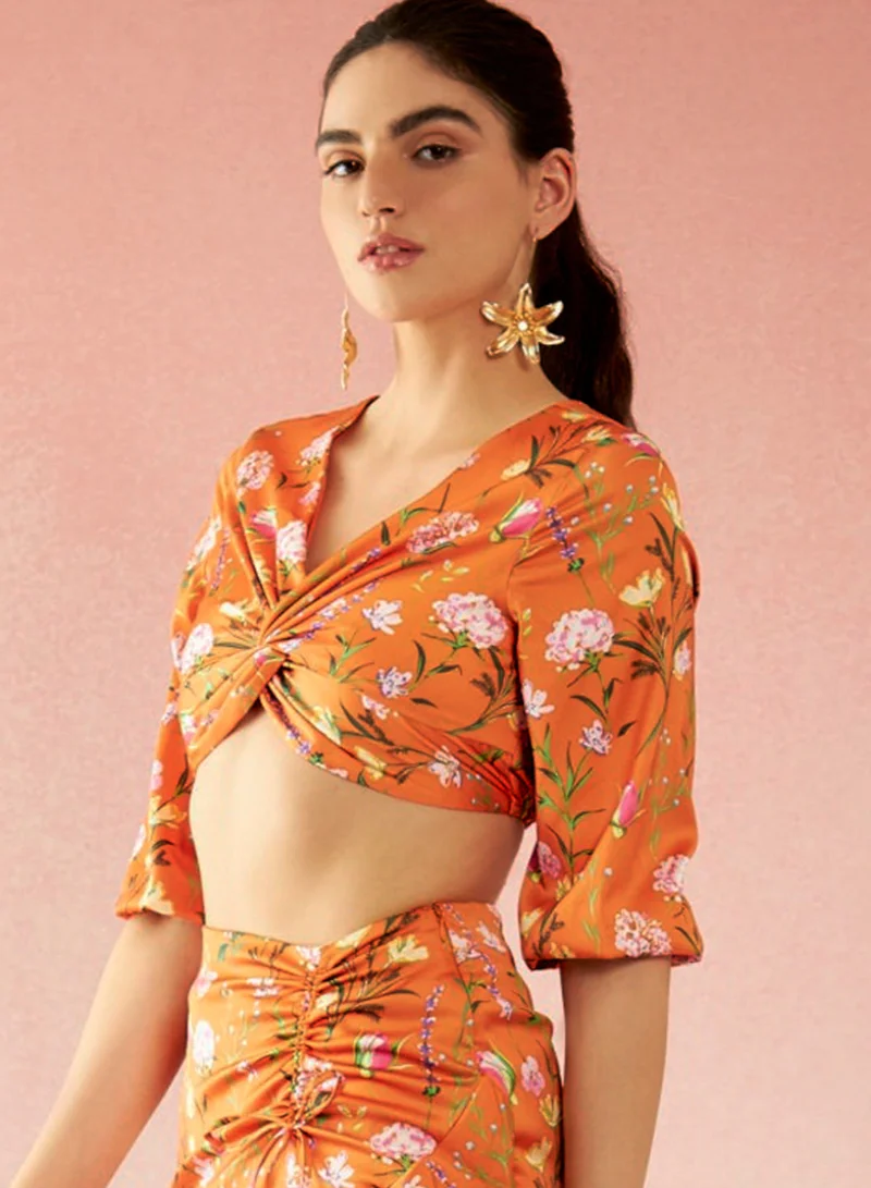 Virgio VIRGIO Satin Floral Knot Detail V-Neck Top