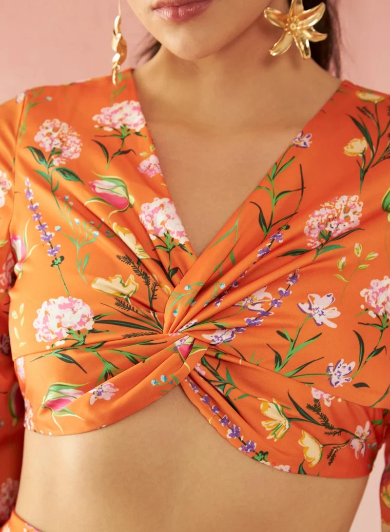 فيرجيو VIRGIO Satin Floral Knot Detail V-Neck Top