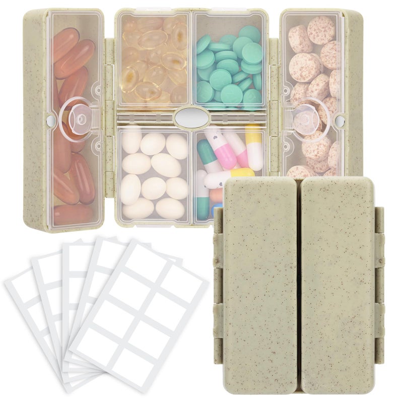 FYY Travel Pill Organizer with Blank Lables,6 Compartments Magnetic Pill Organizer Pill Box for Purse Pocket to Hold Vitamins,Cod Liver Oil,Supplements and Medication-Khaki - Image 1