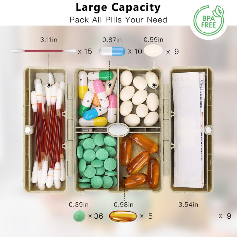 FYY Travel Pill Organizer with Blank Lables,6 Compartments Magnetic Pill Organizer Pill Box for Purse Pocket to Hold Vitamins,Cod Liver Oil,Supplements and Medication-Khaki - Image 2