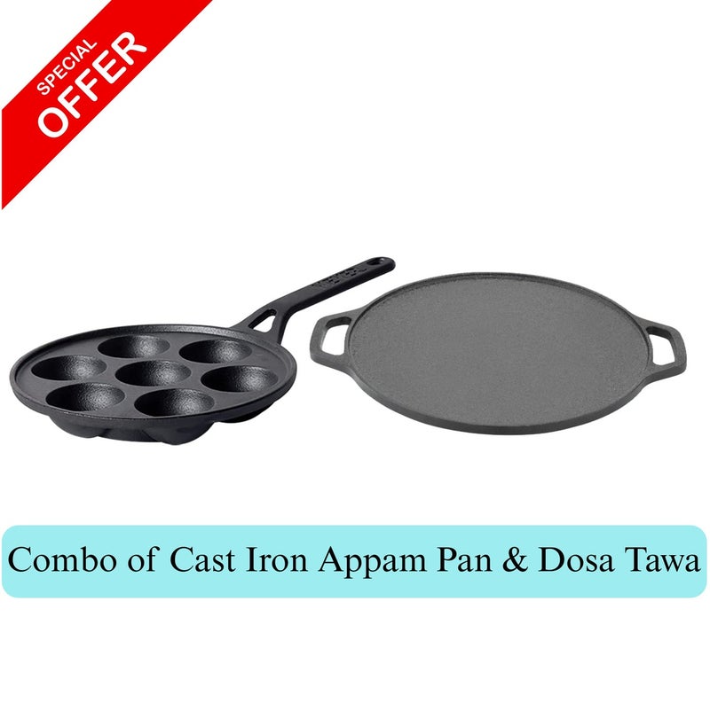 Decent Cast Iron Combo Set | Appam Pan 7 Pits + Dosa Tawa 30 cm | Gas, Induction & Electric Compatibility | Naturally Non Stick Pre-Seasoned Heavy Cast Iron Cookware for Healthy Cooking - Image 1