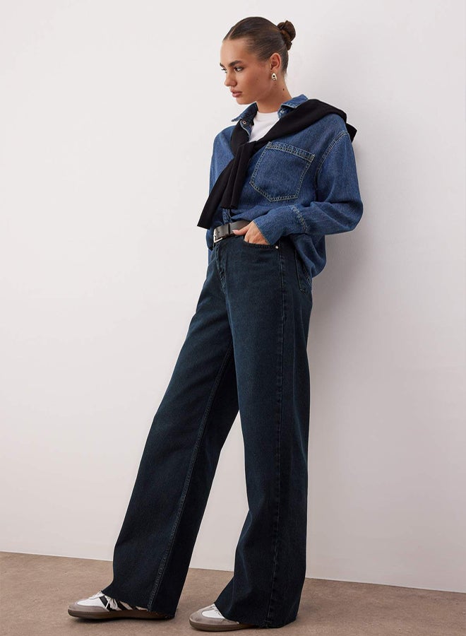 trendyol Dark Blue High Waist CutOut Wide Leg Wide Leg Jeans - Image 2