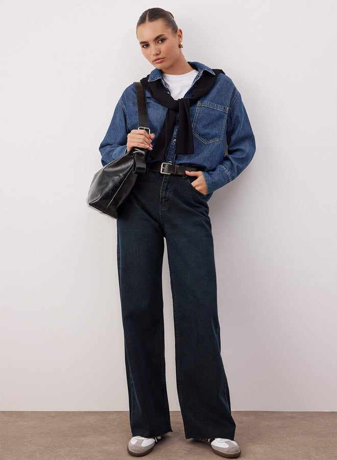 trendyol Dark Blue High Waist CutOut Wide Leg Wide Leg Jeans - Image 1