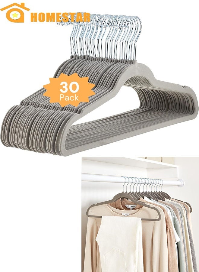 HOMESTAR Velvet Hangers 30 Pack, Non-Slip Premium Hangers for Clothes, Felt heavy Duty Coat Hangers with 360° Swivel Hooks for Suits, Jackets, Trousers, Jeans, Grey - Image 1