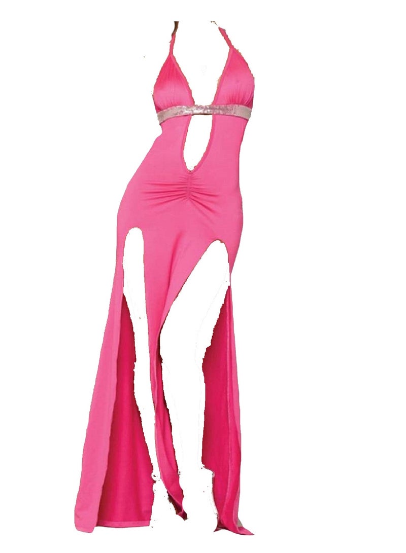 Women Cut Out Side Sleeveless Split Thigh Party Bodycon Maxi Dress - Image 1