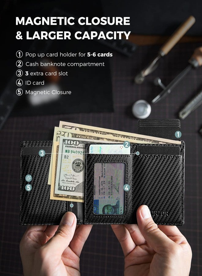 LORZOR Mens Wallet for Apple AirTag - Genuine Leather Minimalist Pop up Smart Wallet for Men, Air Tag Holder, Slim RFID, Carbon Fiber Modern Mens Wallet (AirTag Not Included) - Image 2