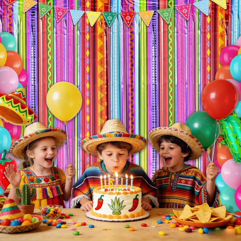 Hipoxa Mexican Fiesta Party Decorations, 2 Pack Rainbow Colors Foil Curtains Tinsel Streamers Backdrops for Cinco de Mayo Posada Taco Bar Party Decorations Supplies - Image 3