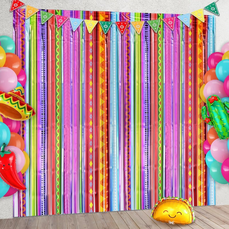 Hipoxa Mexican Fiesta Party Decorations, 2 Pack Rainbow Colors Foil Curtains Tinsel Streamers Backdrops for Cinco de Mayo Posada Taco Bar Party Decorations Supplies - Image 1