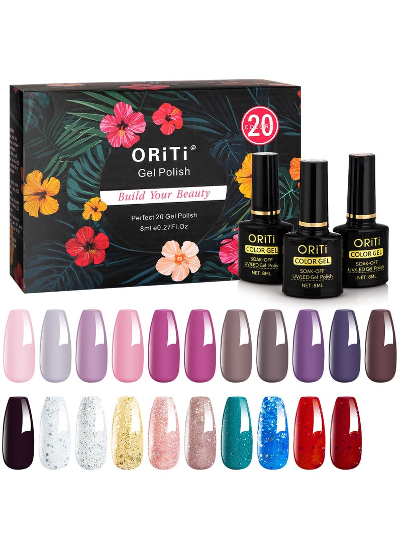 ORiTi - Gel Nail Polish Set 20+4 PCS, Nude Brown Pink Grey Colors Soak Off Neutral Skin Tone Starter Kit with Glossy & Matte Top Base Coat,Nail Art Salon Gifts for Women&Girls - NO 5 - Image 1