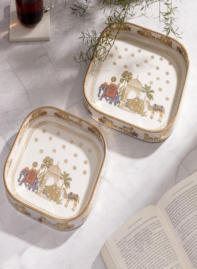 DULI Set of 2 MDF Wooden Trays with Enamel Coated Digital Print | Multipurpose Decorative Trays | 9x9 & 8x8 inch | Wipe & Use | Water-Resistant | Made in India (SmallSetof2CurvedSq-CamelElephant) - Image 1