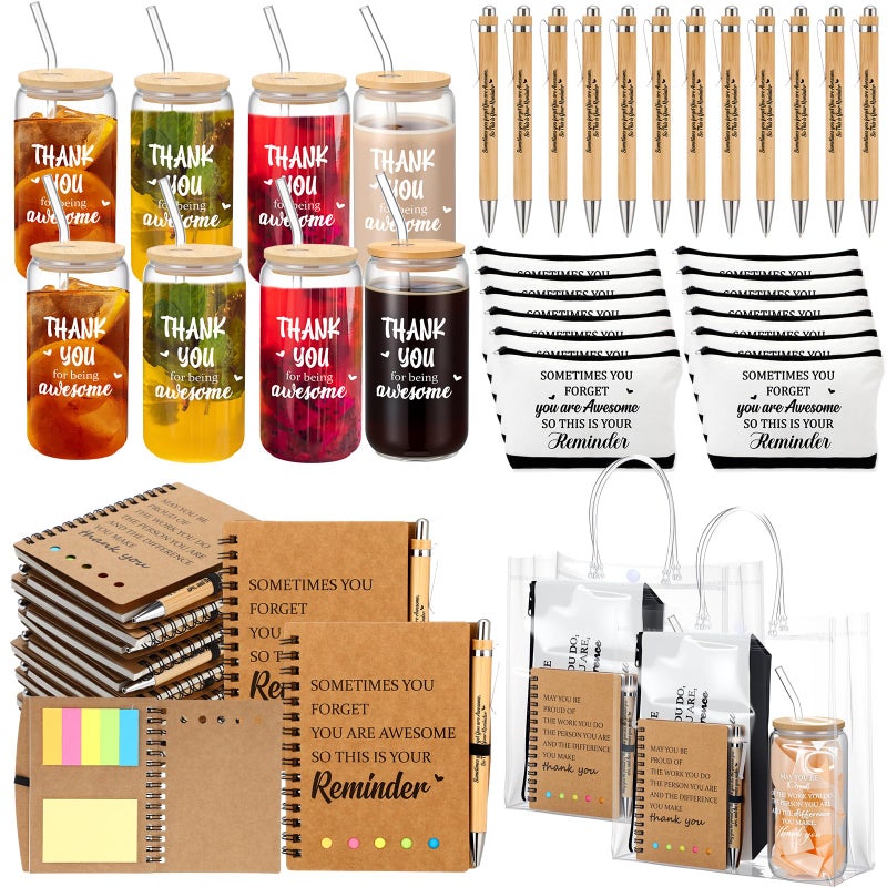 Yeyeplum Employee Appreciation Gifts Bulk Inspirational Glass Cup Makeup Bag Bamboo Pen Inspirational Notebook and Bag for Social Worker Staff Coworker Office Dental Assistant(60 Pcs,Thank You) - Image 1