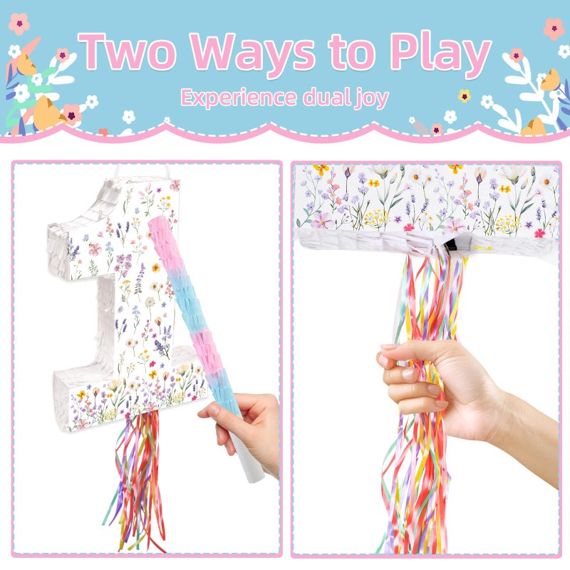 Lcoor Wildflower Birthday Decorations, 15.7'' Wildflower Spring Floral Number 1 PiÃ±ata with Blindfold Stick Blindfold Confetti for Spring Floral Birthday Party Supplies (1st) - Image 4