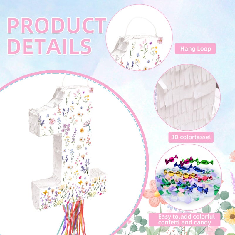 Lcoor Wildflower Birthday Decorations, 15.7'' Wildflower Spring Floral Number 1 PiÃ±ata with Blindfold Stick Blindfold Confetti for Spring Floral Birthday Party Supplies (1st) - Image 3