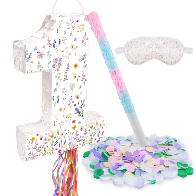 Lcoor Wildflower Birthday Decorations, 15.7'' Wildflower Spring Floral Number 1 PiÃ±ata with Blindfold Stick Blindfold Confetti for Spring Floral Birthday Party Supplies (1st) - Image 1