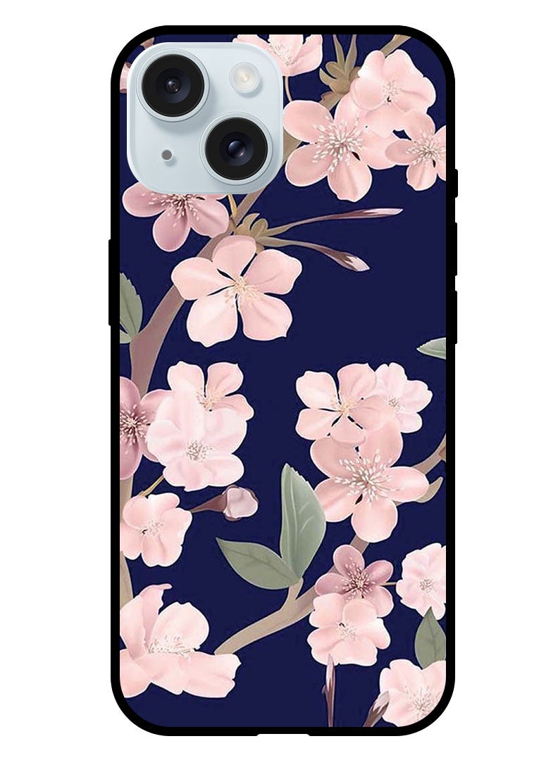 Theodor Protective Case Anti Scratch Shock Proof Bumper Cover For iPhone 15 Plus Pink Flowers In Blue Background - Image 1