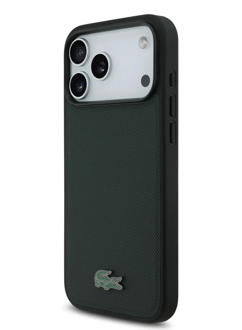 لاكوست جراب iPhone 17 Pro MagSafe / جلد صناعي صلب مع شعار Petit Pique الشهير - أخضر Sinople