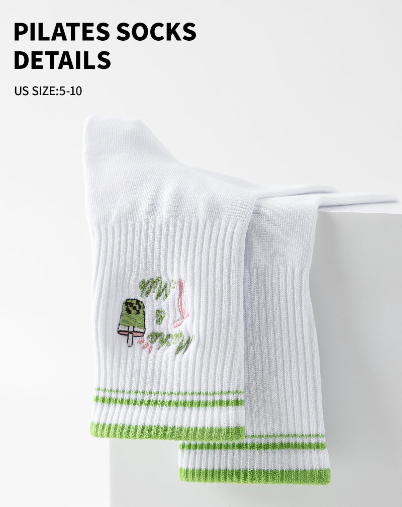 Yawlsow Pilates Grip Socks for Women Yoga Grippy Socks Cute Barre Non Skid Athletic Crew Sticky Sock Workout Hospital (US, Alpha, One Size, Regular, Regular, 1 Pack-Green-Matcha) - Image 3